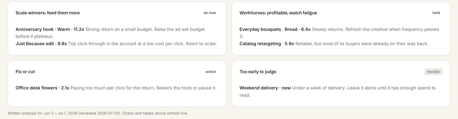 Four cards sorting ads into scale winners, workhorses to hold, ads to fix or cut, and ads too early to judge, each with a one-line reason, above a note that the written analysis is dated while the charts refresh live. Sample data.