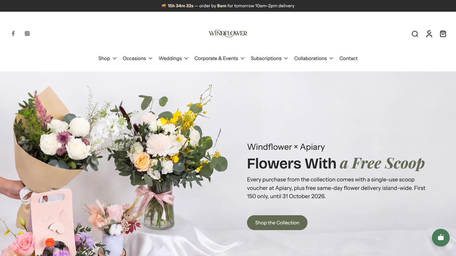 The rebuilt homepage: a white header with the logo above a single row of navigation, and a hero that sets the headline and one call to action beside the bouquets.