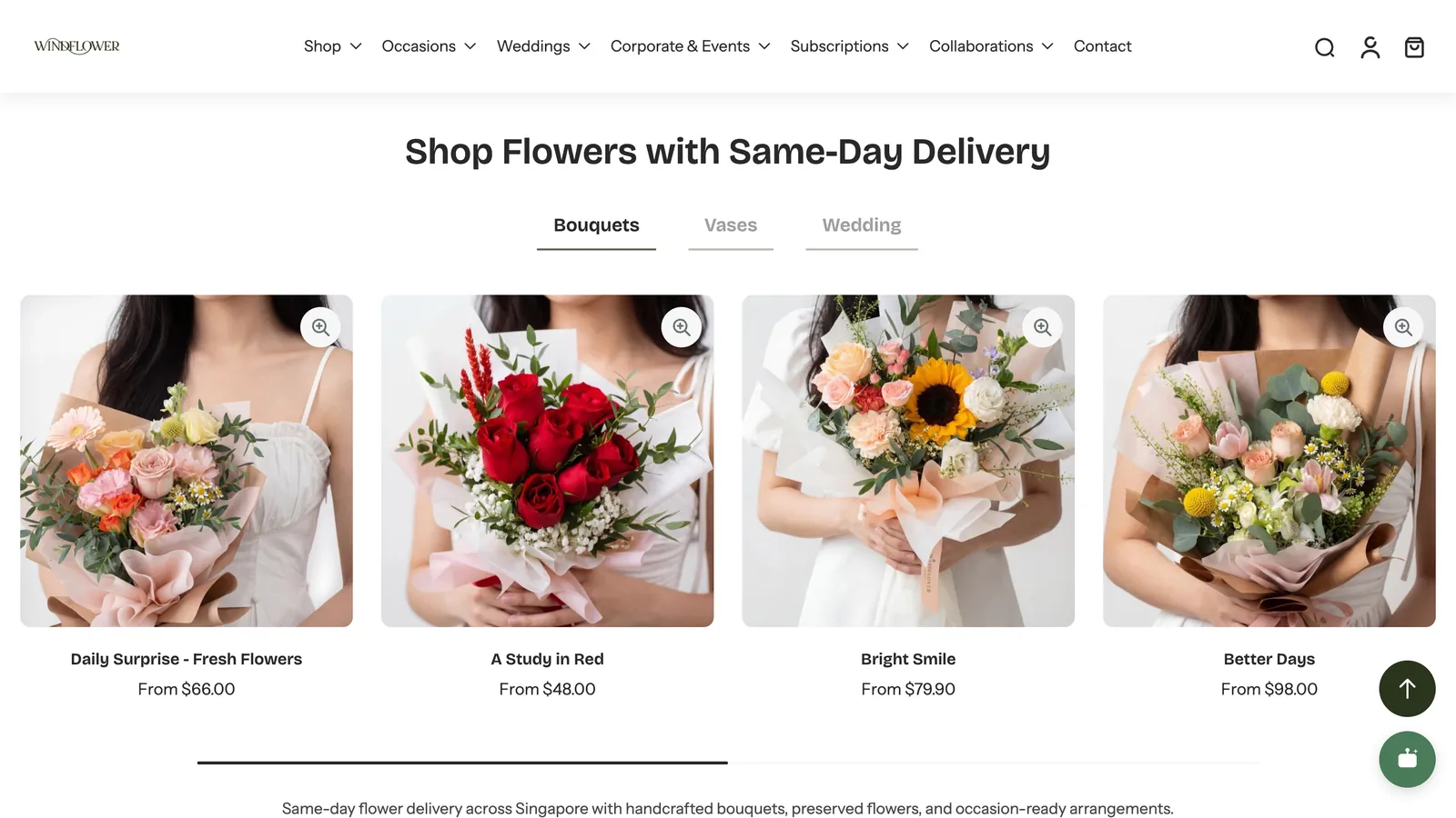 The rebuilt product row: Bouquets, Vases and Wedding tabs over four full product cards, each with its name and price.