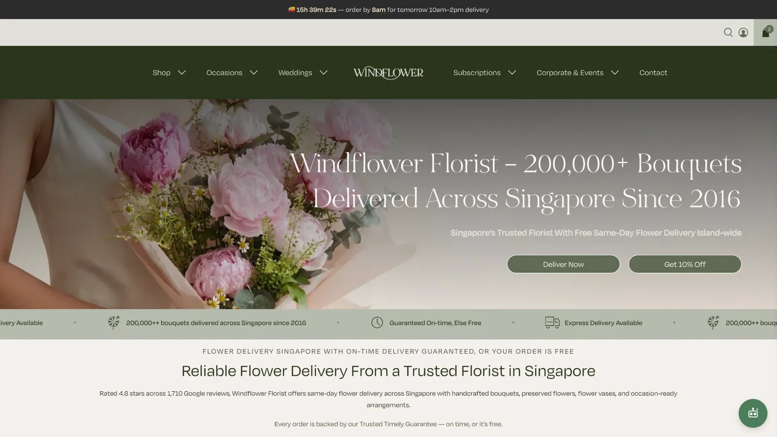 The previous homepage: a dark green bar holding the navigation and a centred logo, above a peony hero with two buttons, Deliver Now and Get 10% Off.
