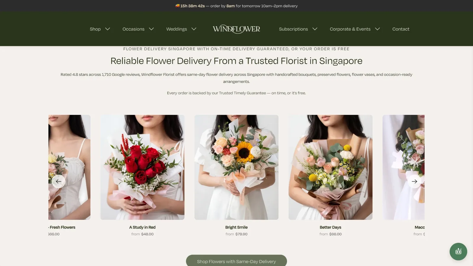 The previous product row: a carousel of bouquets with arrow controls and a partly visible card at each end.